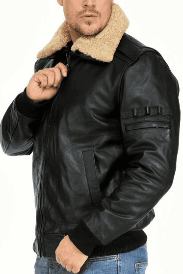 Klassische Herren-Steppjacke aus Rindsleder mit Pelzkragen