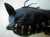 Schräge Ansicht einer schwarzen Leder-Gesichtsmaske mit Schnürung und Metallösen