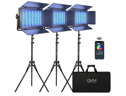 GVM 1500D RGB LED Studio Video Light Bi-Color Soft 3-Light Panel Kit