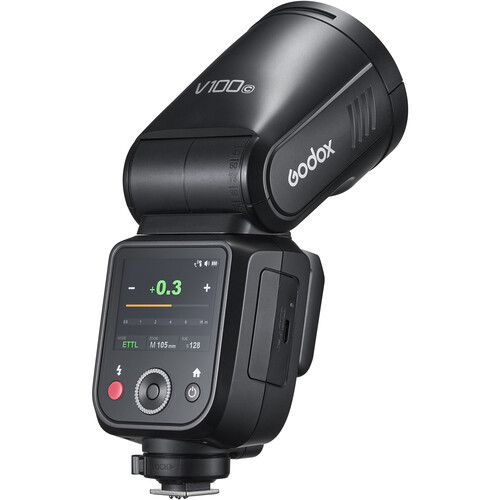 Godox V100 flash showing its rear control screen and round head