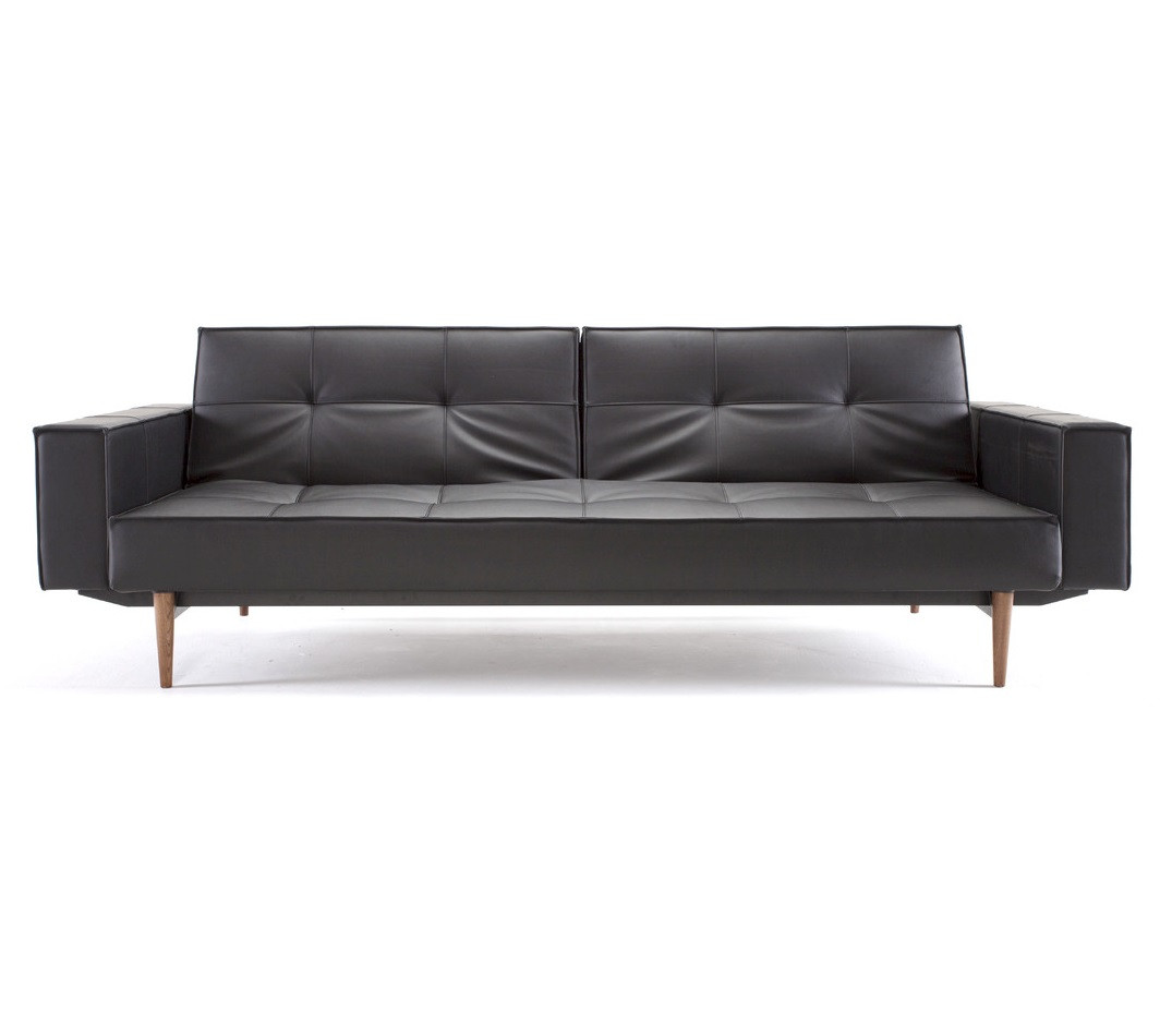 Mid-Century Modern Splitback Black Leather Convertible Sleeper Sofa