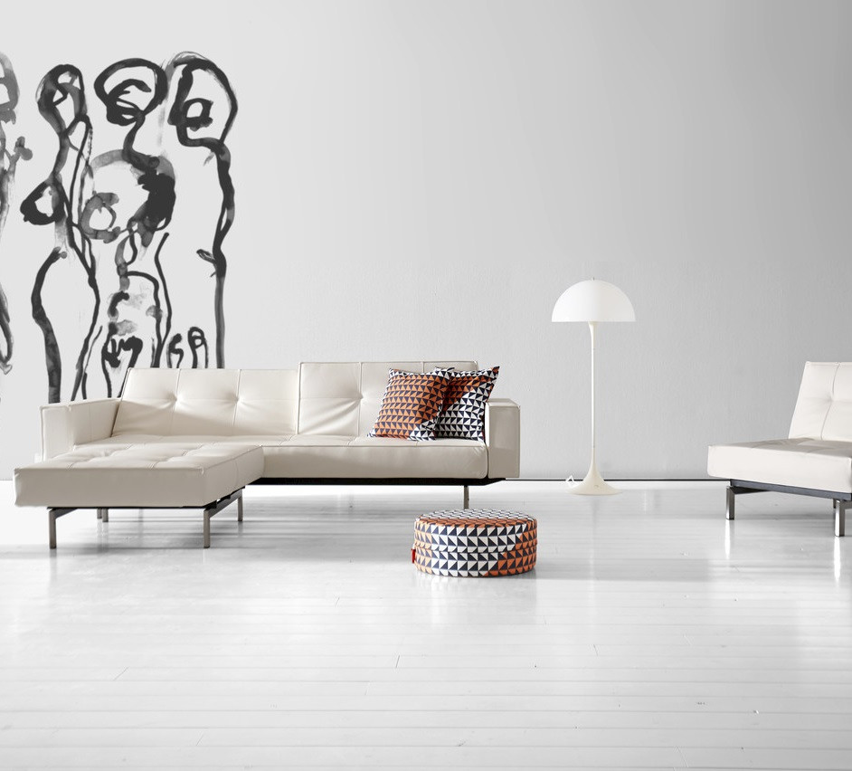 Mid-Century Modern Splitback White Leather Convertible Sleeper Sofa