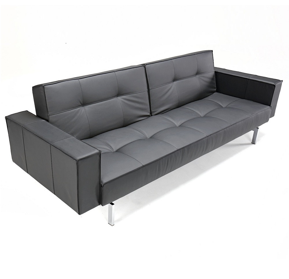 Mid-Century Modern Splitback Black Leather Convertible Sleeper Sofa