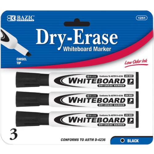 Bazic Black Chisel Tip Dry-Erase Markers, Black, 3 Markers