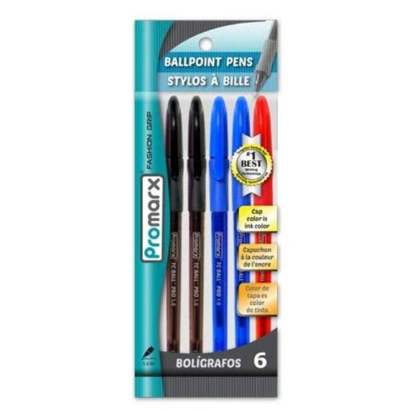Promarx Pro Grip Fashion Ballpoint Pens, Black Red & Blue, 6 Pens