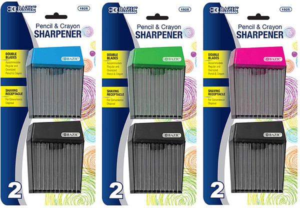Bazic Dual-Blade Square Pencil & Crayon Sharpener, 2 Sharpeners, Assorted Colors