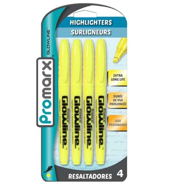 Promarx Glowline Yellow Highlighters, 4 Pack