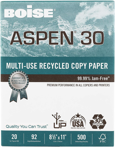 Boise Aspen 30 Copy Paper, 92 Bright, Recycle, 500 Sheets