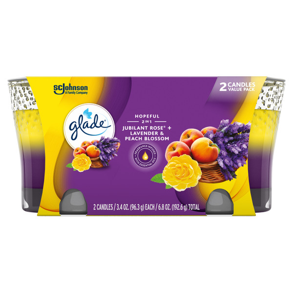 Glade 2in1 Jar Candle Value Pack, Jubilant Rose & Lavender & Peach Blossom, 6.8 OZ. Total, Air Freshener, Wax Infused with Essential Oils, 2 Candles