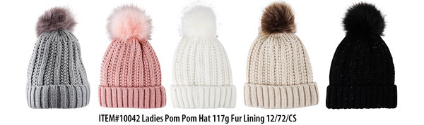 Ladies Cable Knit Hat fur Ln-w/Cuff & Pom-Sparkle