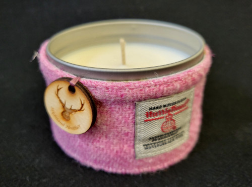 Highland Heather Scented Tin Candle With Pink Harris Tweed Sleeve