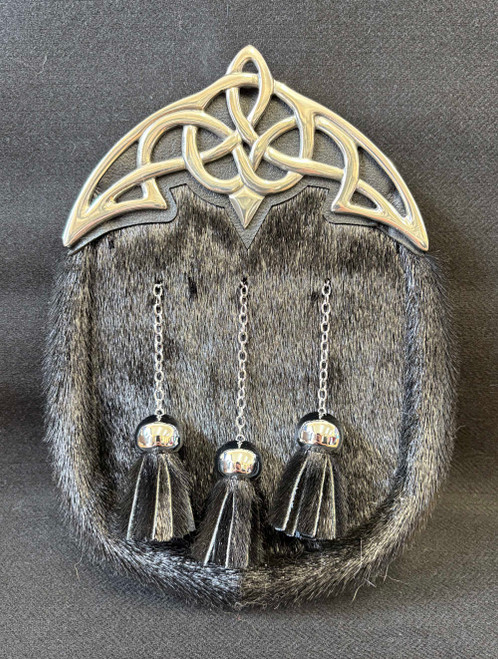 Dress Sporran, Chrome Pewter Cantle, Black Sealskin Dress Sporran, Chrome Pewter Cantle, Black Sealskin