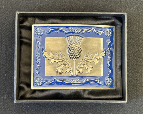 Kilt Buckle - Antique Thistle with Celtic Border and Blue Enamel - Antique