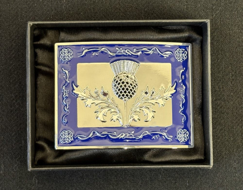 Kilt Buckle - Chrome Thistle with Celtic Border - Blue Enamel - Chrome