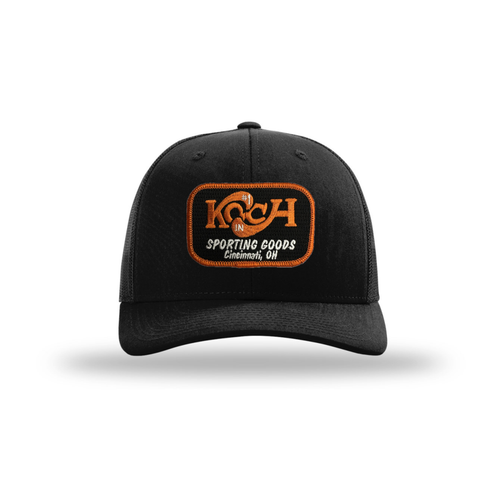 Koch Sporting Goods Black Adjustable Trucker Hat with Black/Orange Vintage Logo