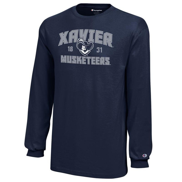 Xavier Musketeers Youth Champion Arched Mascot Logo Navy Long Sleeve T-Shirt