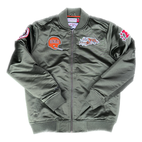 Cincinnati Bengals Mitchell & Ness Olive Green Flight Satin Bomber Jacket