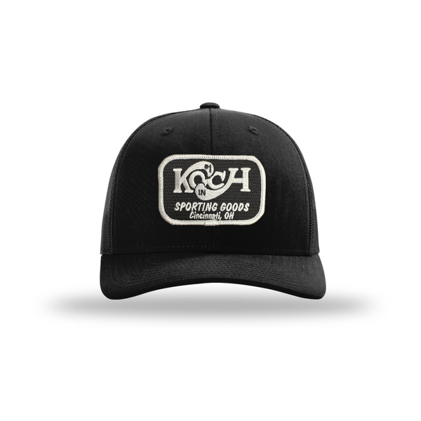 Koch Sporting Goods Black Adjustable Trucker Hat with Black/White Vintage Logo