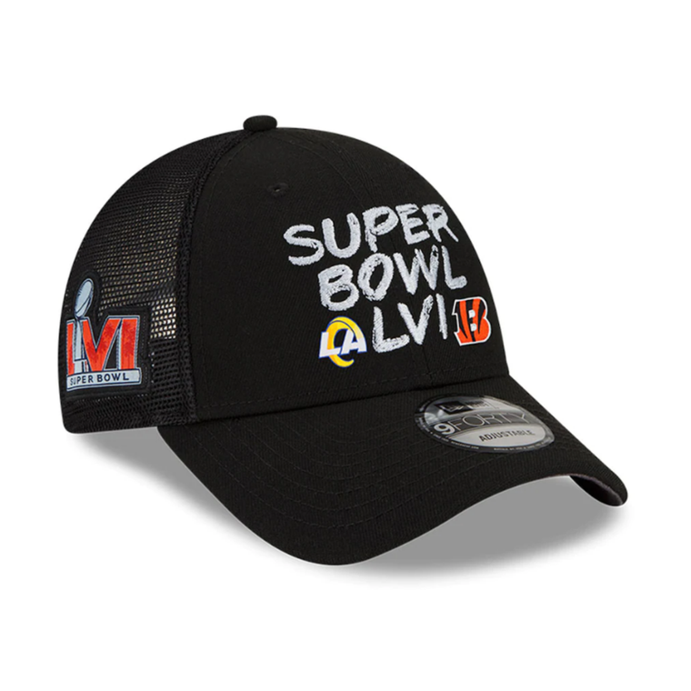Cincinnati Bengals vs. Los Angeles Rams New Era Super Bowl LVI Matchup Trucker 9FORTY Snapback Adjustable Hat - Black