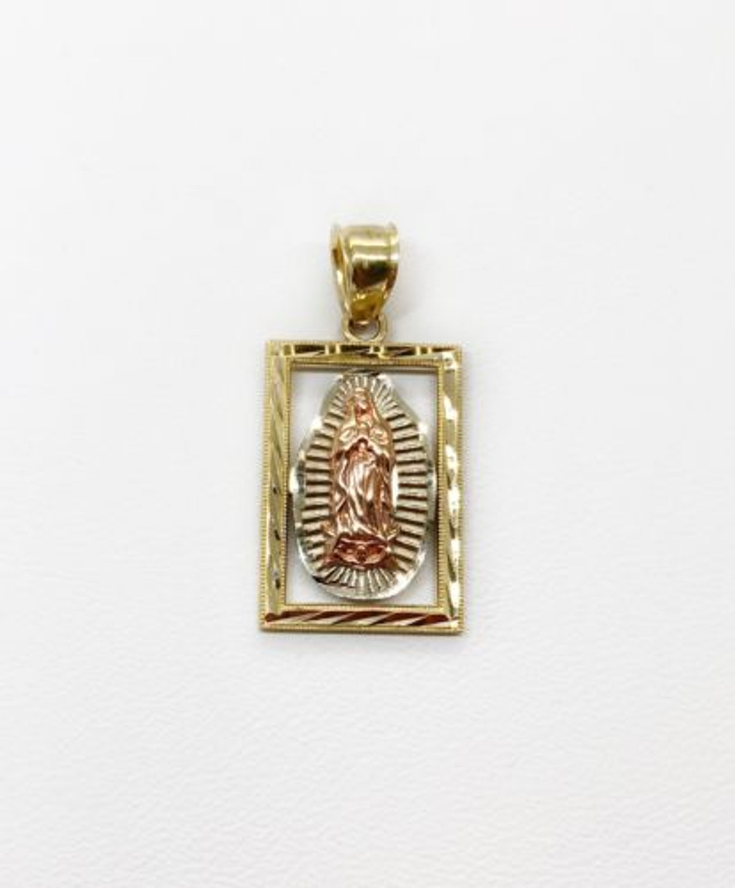 14K Solid Tri Color Gold Virgin Mary Guadalupe Religious Rectangle 