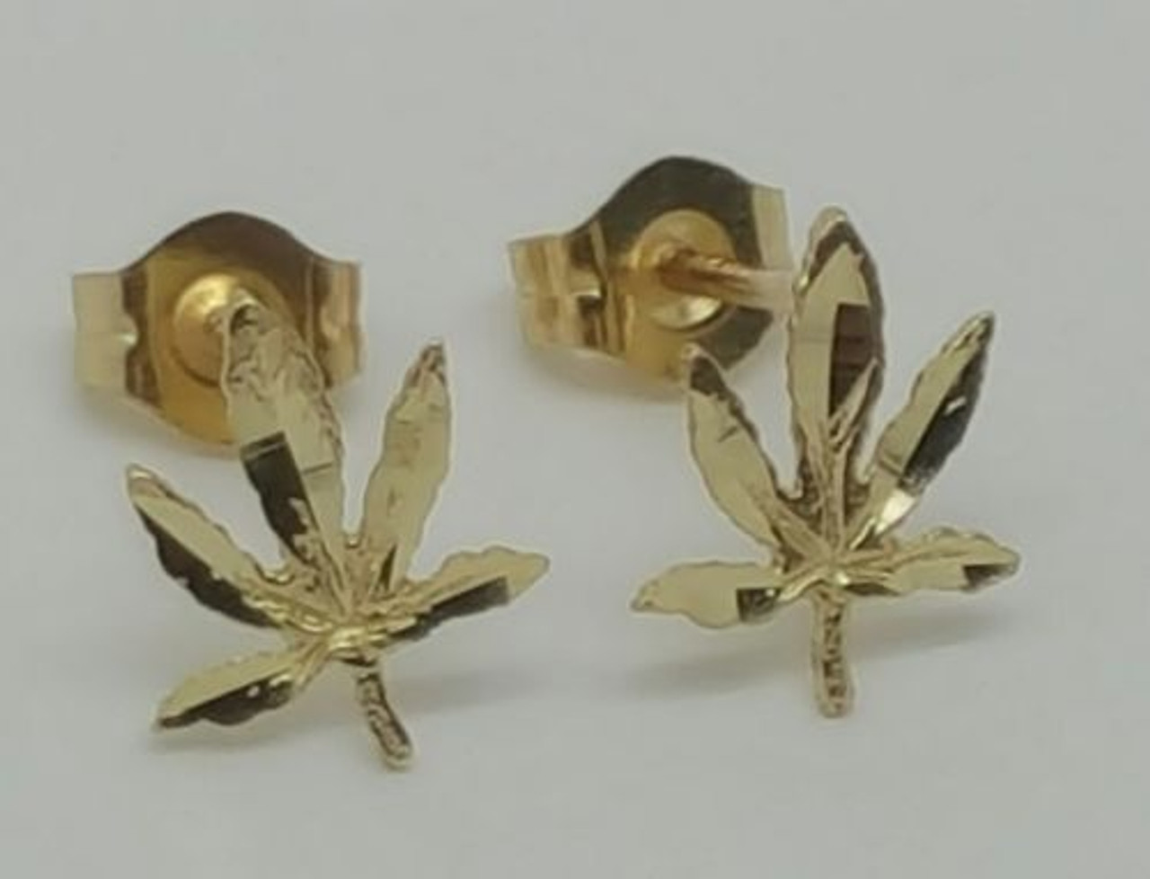 Yellow Gold Marijuana Leaf Weed Stud Earrings Women/Men Push Back