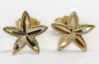 14k Solid Yellow Gold Star, Starfish, Flower Stud Earrings PushBack 8 MM