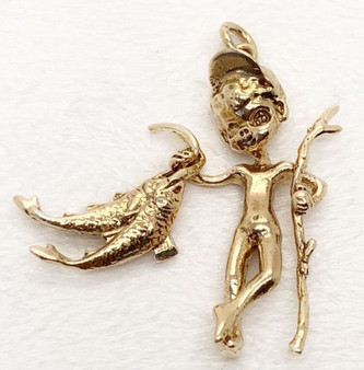 14k Solid Yellow Gold 3D Fishing Boy Pendant Figurine