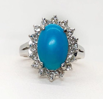 Vintage 14k White Gold Diamond & Turquoise Cluster Ring Size 6.5 Womens Ring