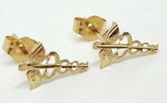 14k Solid Yellow Gold Caduceus Symbol of Medicine Stud Earrings Push Back 11MM