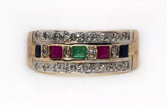 Vintage 13k Yellow Gold Green Emerald, Ruby, Sapphire, Diamond Cocktail Ring