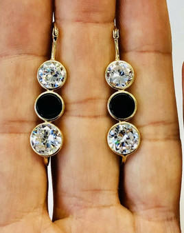 Vintage 14k Solid Yellow Gold Long Clear Cz and Onyx Earrings 6.1 Grams