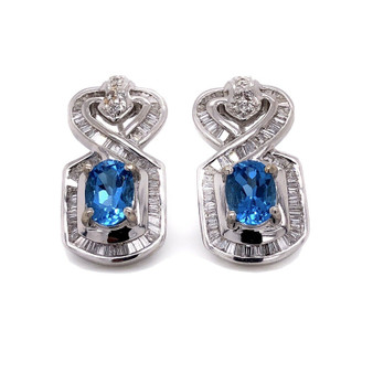 18k White Gold 3.5 Ct Natural Diamond & Blue Topaz Omega Back Earrings