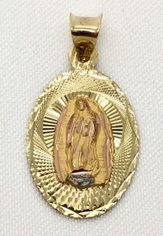 14k Solid Tri Color Gold Virgin Mary Guadalupe Diamond Cut Oval pendant