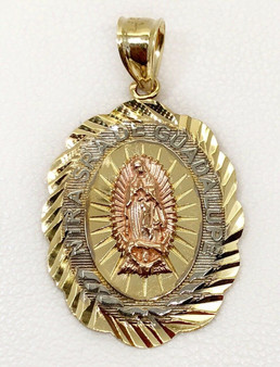 14k Solid Tri Color Gold Virgin Mary Guadalupe Oval Charm Pendant 25 MM