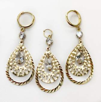 14k Yellow Gold CZ Pear Shape Drop Dangling Set of Earrings & Pendant Womens