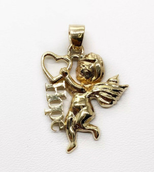 14K Solid Yellow Gold Angel Hope Heart Charm Pendant 30 MM 3.8 Grams, Unisex