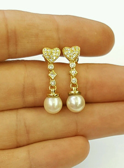 18k yellow gold natural diamond and dangling freshwater white pearl earrings