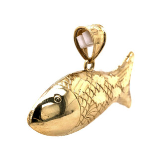 10K Yellow Gold 3D Fish Pendant 1.57"
