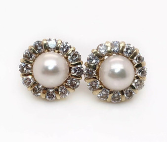 14K Solid Yellow Gold 2 Ct Natural Diamond & Pearl Cluster Stud Earrings