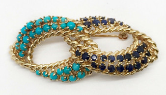 Vintage 14k Yellow Gold Infinity Love 4.4 Ct Sapphire and Turquoise Pin Brooch