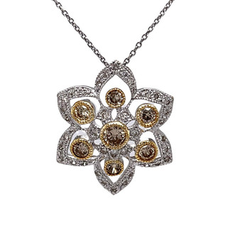 18k White Gold 1.25TCW Natural Champagne Diamond Flower Pendant & Chain Necklace