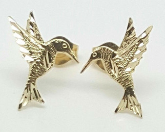 14k Solid Yellow Gold Hummingbird Stud Earrings Push Back 13MM