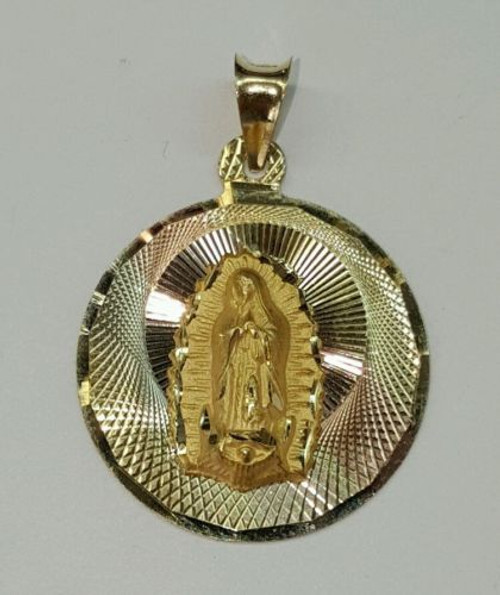 14k solid gold Virgin Mary Guadalupe round shape charm pendant 21 mm