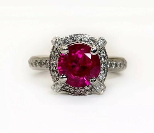 18K Solid White Gold 3.04 Ct Diamond & Round Red Ruby Women's Halo Ring