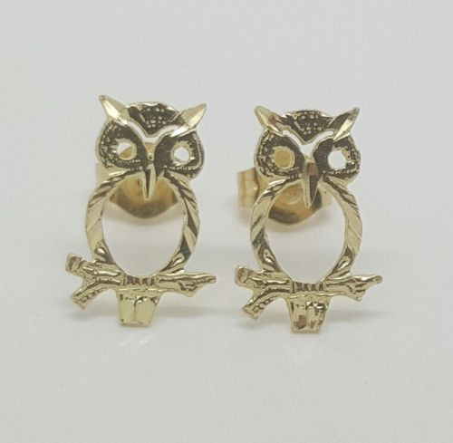 14k Solid Yellow Gold Owl Lucky Bird Stud Earrings Women Children Push Back 11MM
