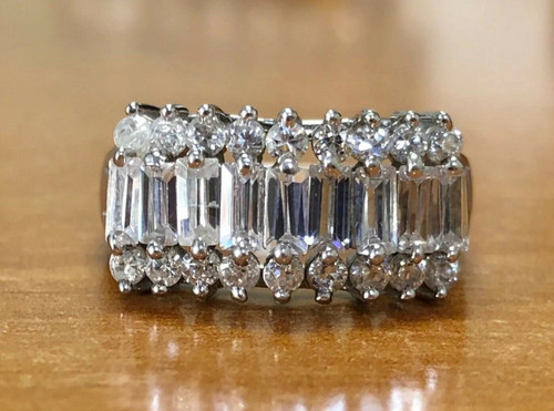 14K Solid White Gold Baguette CZ Womens Wide Cluster Ring 5.7 Gr Size 8.75