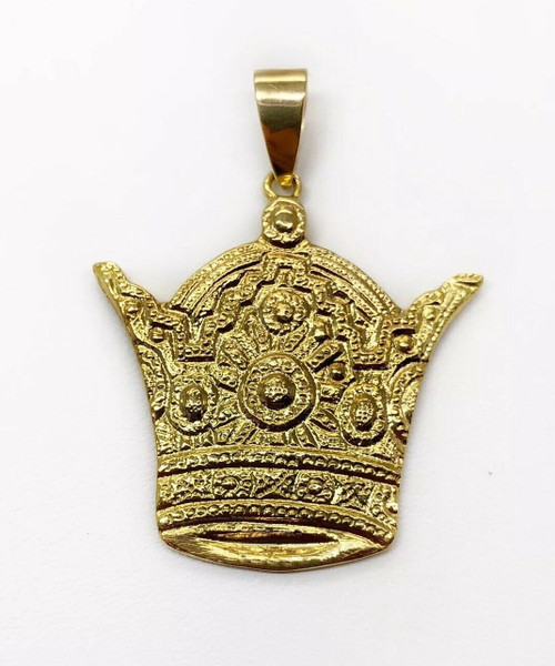 18K Solid Yellow Gold Pahlavi Kingdom King Crown Pendant 1.34" Unisex,10.8 Gr