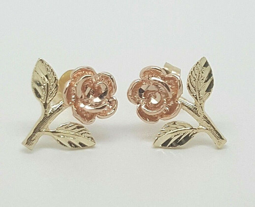 14k Solid Yellow and Rose Gold Rose Flower Stud Earrings Push Back 11 MM