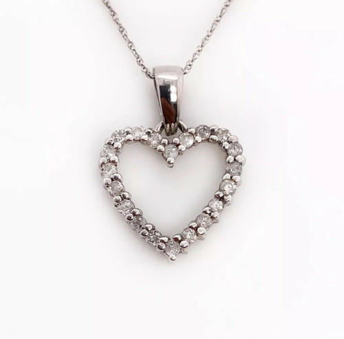 Real 10K White Gold 0.30TCW Natural Diamond Heart Pendant and Chain Necklace 18"