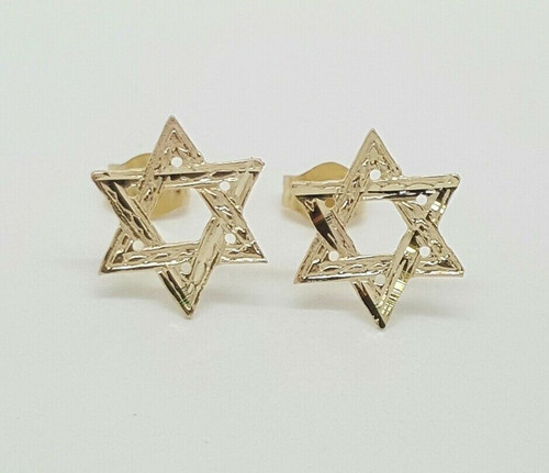 14k Solid Yellow Gold Star of David Stud Earrings Push Back 11MM